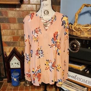 Old Navy Floral Lace-Up Blouse - Peach and Navy